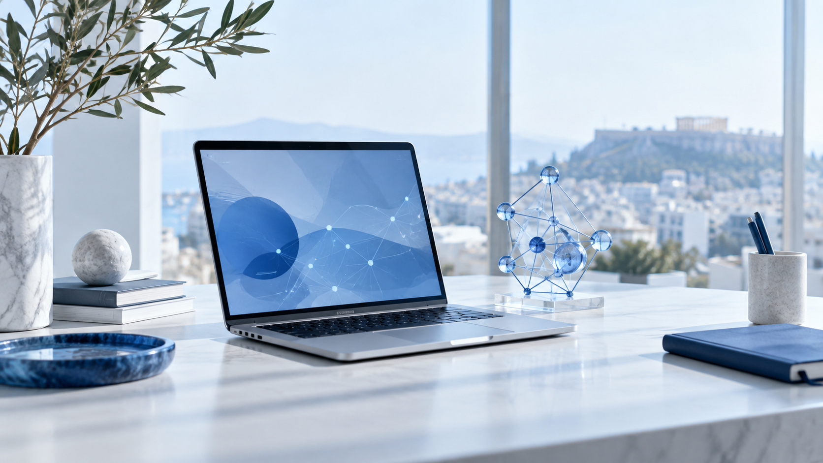 Illustrative modern workspace with blue technology artwork